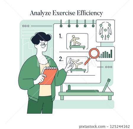 Pilates exercise analysis for improved efficiency. A person reviews illustrations on a board, focusing on techniques and performance metrics to enhance overall workout effectiveness. Vector 125244162