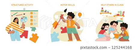 Preschool education encourages children's development through structured activities, enhancing their motor skills, and fostering collaboration by helping peers in class. It supports holistic growth in 125244168