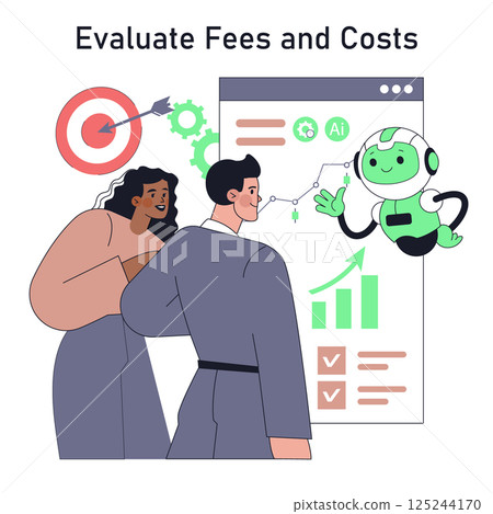 Robot adviser guiding individuals in evaluating fees and costs with data visualizations and metrics. The interaction highlights the importance of informed financial decisions in a modern context 125244170