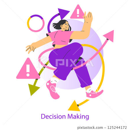 Risk in decision making illustrated through a dynamic figure navigating choices and challenges. Visual representation of actions, directions, and cautionary symbols. Vector illustration. 125244172