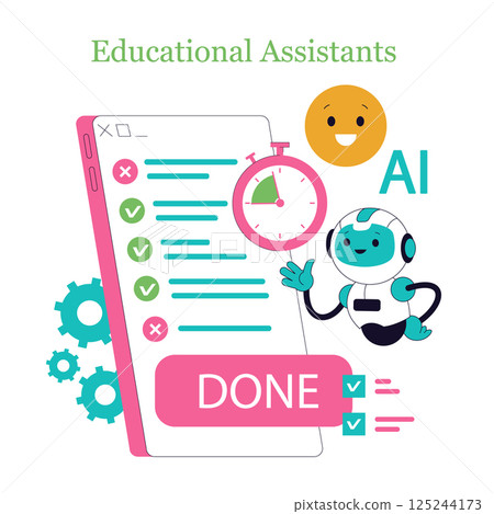Online learning through educational assistants enhances efficiency and learning outcomes. This illustration features a tech-savvy AI character, progress tracking, and interactive elements, reflecting 125244173