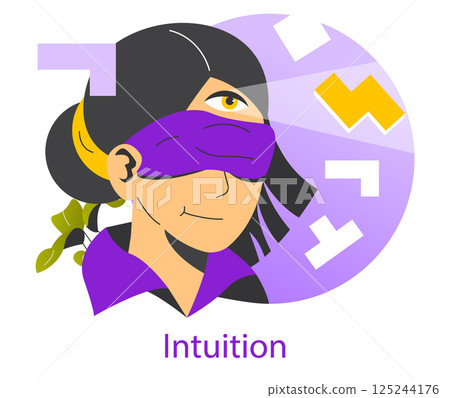 Intuitive operation symbolized by a character with a blindfold and an eye, representing mindfulness and unconscious knowledge. Recognizing patterns and trusting instincts. Vector illustration. 125244176