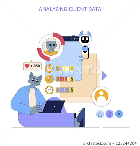 In a modern workspace, a character analyzes client data with an AI companion. Visual elements include graphs, emoticons, and statistics reflecting engagement and performance metrics in business. 125244204
