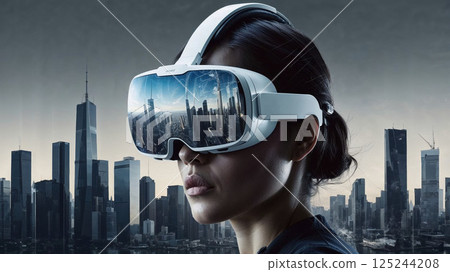 A woman wearing futuristic VR glasses, immersed in a high-tech digital cityscape, representing the convergence of technology, virtual reality, and urban innovation in the modern world A woman wearing futuristic VR glasses, immersed in a high-tech digital cityscape, representing the convergence of technology, virtual reality, and urban innovation in the modern world 125244208