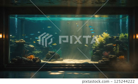 A captivating underwater aquarium scene with various tropical fish swimming through clear, vibrant waters, showcasing a stunning aquatic ecosystem with plants, rocks, and soft light filtering through 125244222