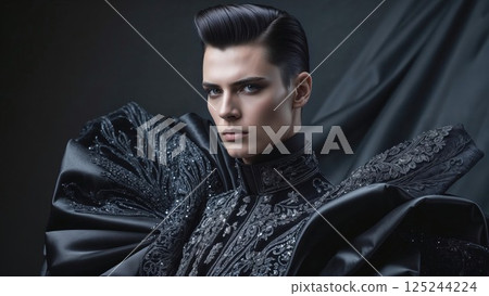 A sharply dressed man in an intricate black embroidered suit, exuding confidence and sophistication. His strong gaze and striking attire capture high fashion in a moody, dramatic setting 125244224