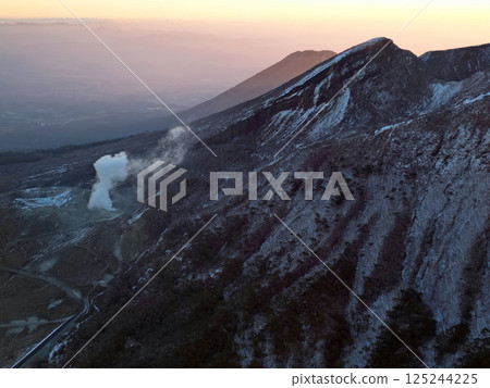 Aerial view of Karakunidake at dawn from above Ebino Plateau 125244225