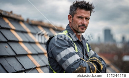 A strong, confident roofer stands atop a house under overcast skies, his work gear ready. With a determined look, he overlooks the urban skyline, embodying craftsmanship and hard work 125244256