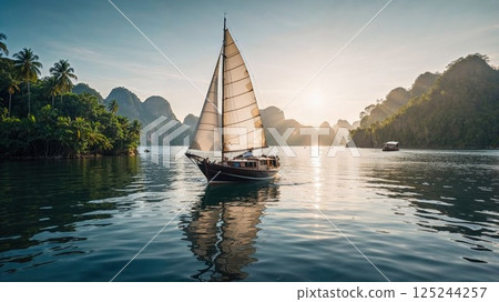 A traditional wooden sailing boat with billowing sails glides across calm waters during a breathtaking sunset, surrounded by dramatic mountains and lush green tropical islands, creating a peaceful 125244257