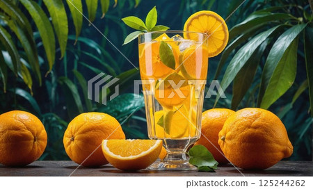 A refreshing glass of orange drink, garnished with slices of lemon and fresh leaves. The vibrant colors of the citrus fruits create a tropical and refreshing vibe, surrounded by whole oranges and lush 125244262