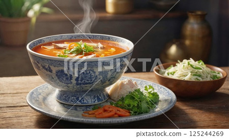 A hot and steaming bowl of vibrant soup with chicken slices and herbs, served in an intricately patterned blue and white bowl, with a side of fresh vegetables on a rustic wooden table 125244269