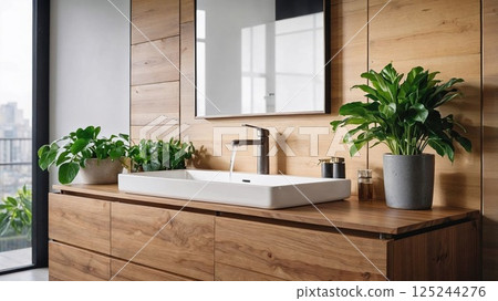 A stylish and modern bathroom with a clean, minimalist design. A rectangular sink sits atop a wooden counter, surrounded by lush green plants and a sleek faucet, offering a calm and refreshing vibe 125244276