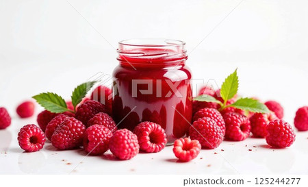 A jar of homemade raspberry jam surrounded by fresh, ripe raspberries, offering a vibrant, healthy look with its rich red color. The jar adds a rustic touch to the scene 125244277