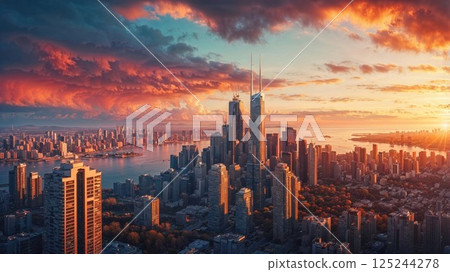 A stunning aerial view of a city skyline at sunset, with dramatic clouds in the sky casting a golden glow over the buildings, offering a vibrant and colorful panoramic view of the urban landscape 125244278