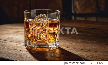 A glass of whiskey with ice cubes resting on a rustic wooden table. The rich amber liquid reflects a warm, inviting glow, perfect for an intimate, cozy setting 125244279