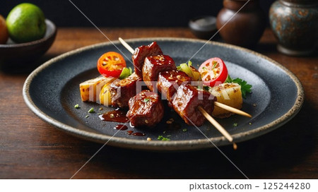A close-up of succulent grilled skewers of beef and vegetables, served with a rich sauce, garnished with herbs and garnished with cherry tomatoes and a side of crispy potatoes A close-up of succulent grilled skewers of beef and vegetables, served with a rich sauce, garnished with herbs and garnished with cherry tomatoes and a side of crispy potatoes 125244280