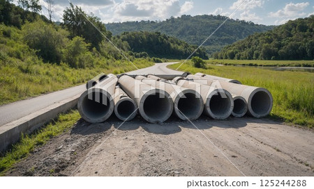 A construction site with large concrete pipes blocking a rural road, with lush green hills in the background. The scene depicts a temporary roadblock in a rural area, showcasing an industrial setting 125244288