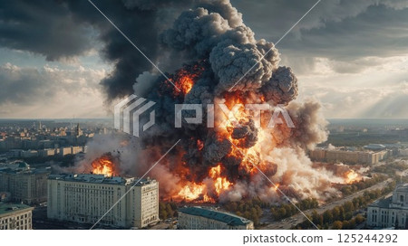 A dramatic and intense scene of a massive explosion in an urban environment. Thick smoke and fire erupt from buildings, creating a sense of chaos and destruction against a backdrop of a city skyline 125244292
