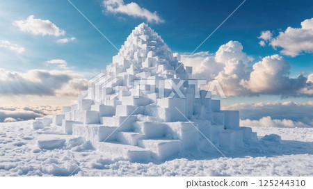 A surreal ice pyramid towering over a snowy landscape, with clear blue skies and soft clouds in the background, creating a stunning and dreamlike winter scene 125244310