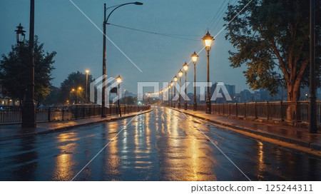 A picturesque view of a wet city bridge illuminated by streetlights after a rainstorm, with the street reflecting the soft glow, creating a calm and moody atmosphere 125244311