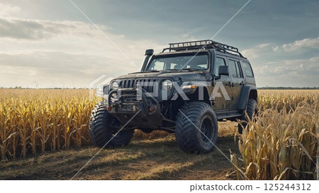 A rugged, off-road SUV parked in the middle of a vast golden field, highlighting its durability and strength in an open, natural environment under a wide sky 125244312