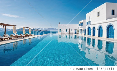 A stunning luxury resort pool overlooking the crystal-clear ocean, with whitewashed architecture, lounge chairs, and palm trees, offering a serene and picturesque vacation destination 125244313