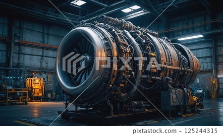 An industrial close-up of a massive airplane jet engine in a dimly lit workshop, showcasing the detailed mechanics and engineering involved in aviation technology 125244315