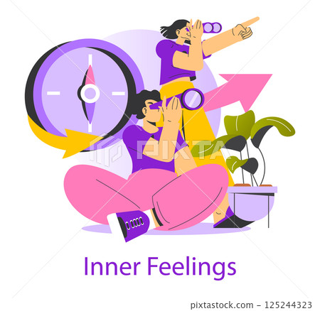 This illustration represents the concept of inner feelings, showcasing individuals exploring their emotions through thoughtful observation and reflection amid symbolic visual elements. 125244323