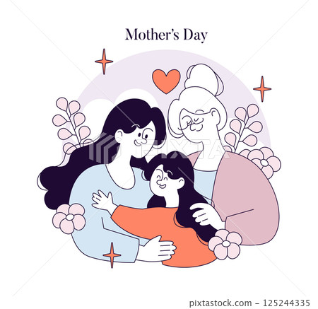 Celebrate the special bond of motherhood with this heartwarming illustration portraying three generations coming together for Mother's Day. It evokes love, joy, and family unity, perfect for honoring Celebrate the special bond of motherhood with this heartwarming illustration portraying three generations coming together for Mother's Day. It evokes love, joy, and family unity, perfect for honoring 125244335