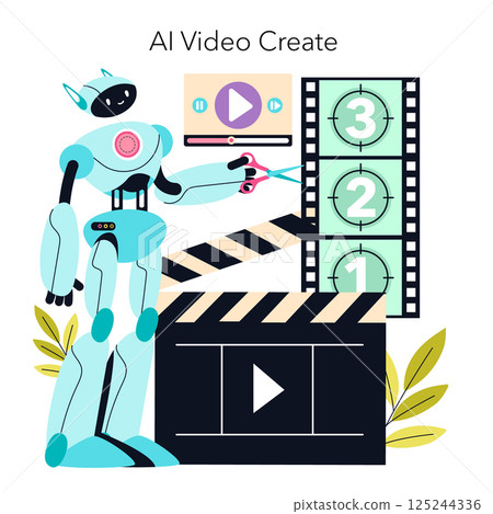 AI video creation concept. A robot working on video editing symbols like clapperboard and countdown numbers. Represents modern technology's influence on creative media. Vector illustration. 125244336