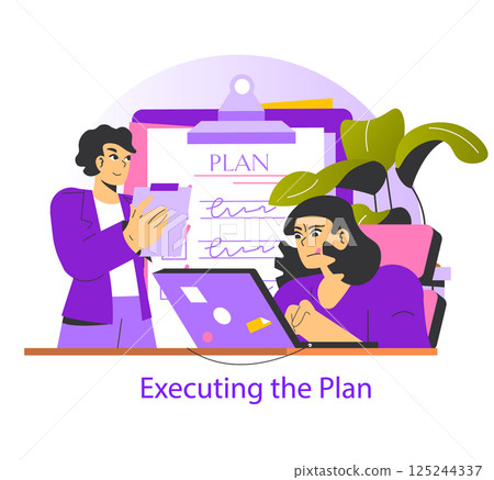 Decision making in a collaborative setting emphasizes strategic planning and execution. Two individuals engage in a focused discussion while organizing their tasks and responsibilities. Vector Decision making in a collaborative setting emphasizes strategic planning and execution. Two individuals engage in a focused discussion while organizing their tasks and responsibilities. Vector 125244337