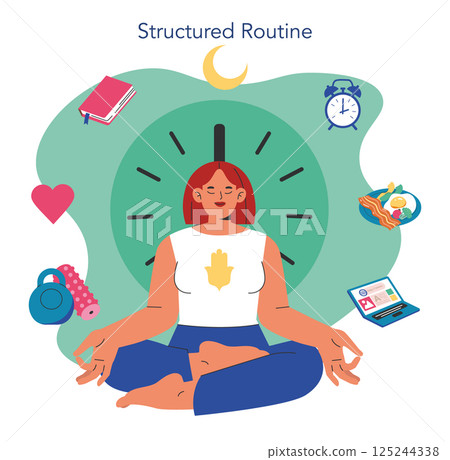 Structured routine promotes well-being through mindfulness and healthy habits. It encourages balance in daily activities, emphasizing time management, physical health, mental clarity, and organization 125244338