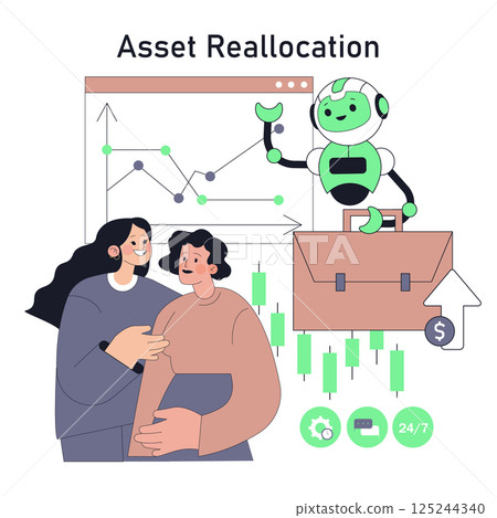 Robot adviser assisting clients with asset reallocation through digital analytics and market trends. Showcases the benefits of automated financial guidance for better investment decisions. Vector 125244340