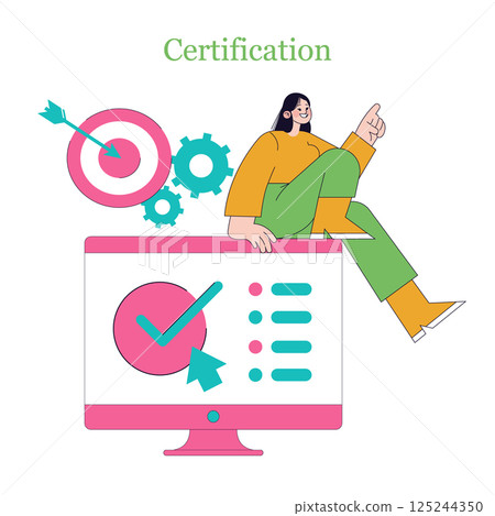 Online learning certification overview with a focus on achievement and progress. The illustration features a person interacting with technology, emphasizing success and goals in education. Vector 125244350