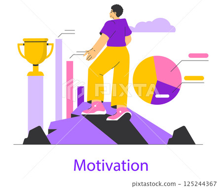 Goal achievement illustration with a person standing triumphantly by a trophy and growth charts, symbolizing motivation and success. Visual representation of progress and achievement in personal 125244367