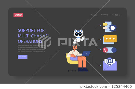 AI enhances global business operations through multi-channel support. The illustration portrays a user and characters representing technology for improved communication and efficiency in a digital 125244400