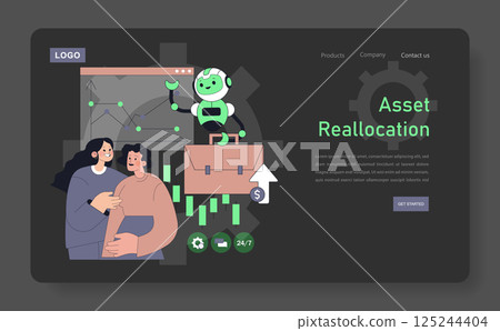 Robot adviser facilitating asset reallocation with a couple seeking financial guidance. The illustration depicts a supportive environment with digital tools, highlighting modern investment strategies 125244404