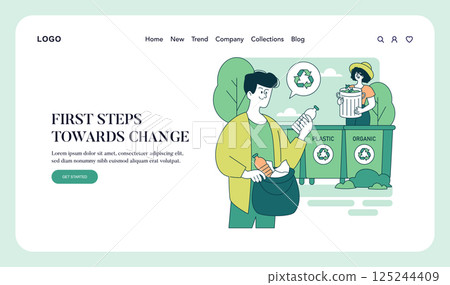 Earth Day illustration emphasizing recycling and waste separation. It features individuals engaging in sustainable practices, promoting environmental awareness and community participation. Vector 125244409