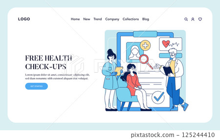 World Health Day illustration. Focus on the importance of health check-ups and preventive care. Engaging scene with healthcare professionals providing assistance and information to patients. Vector 125244410