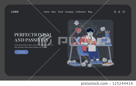 The illustration captures a person overwhelmed by perfectionism and passivity, surrounded by crumpled paper, reflecting stress and frustration in a creative workspace. It highlights the challenges of 125244414
