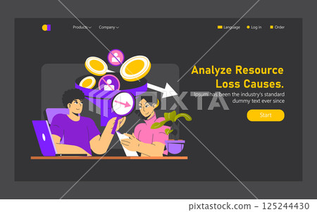Risk analysis in optimizing resources is essential for businesses. The illustration highlights individuals discussing resource loss causes, focusing on data trends and solutions. Vector illustration. 125244430