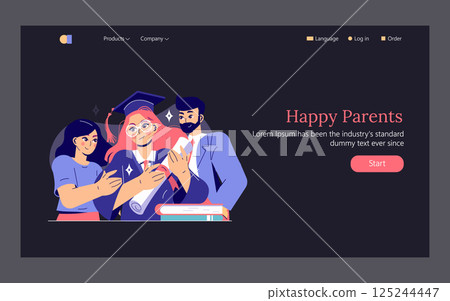 Graduation celebration with joyful characters. Friends and family support a graduate holding a diploma, reflecting pride and achievement. A moment of happiness and milestones in education. Vector 125244447