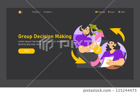 Group decision making illustration. The visual represents teamwork and collaboration in achieving collective decisions. Engaging interactions and positive outcomes are emphasized. Vector illustration. 125244473
