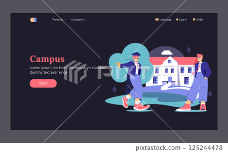 Campus life celebration featuring graduates with a joyful atmosphere in front of a university building. Emphasizes student success and the start of new journeys. Vector illustration. Campus life celebration featuring graduates with a joyful atmosphere in front of a university building. Emphasizes student success and the start of new journeys. Vector illustration. 125244478