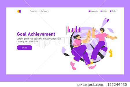 Goal Achievement concept. Illustration shows two people celebrating their success, surrounded by target imagery and growth graphs. The scene represents teamwork, motivation, and the pursuit of goals Goal Achievement concept. Illustration shows two people celebrating their success, surrounded by target imagery and growth graphs. The scene represents teamwork, motivation, and the pursuit of goals 125244480