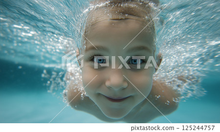 Boy practicing swimming strokes underwater while smiling and enjoying the moment in a bright blue pool during afternoon 125244757