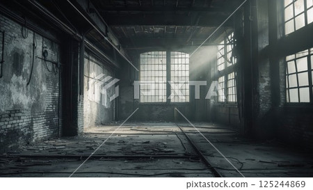 A wide, empty warehouse with broken windows, cracked floors, and scattered debris. Sunlight pours through the windows, creating a dramatic and moody atmosphere in the dilapidated industrial space A wide, empty warehouse with broken windows, cracked floors, and scattered debris. Sunlight pours through the windows, creating a dramatic and moody atmosphere in the dilapidated industrial space 125244869