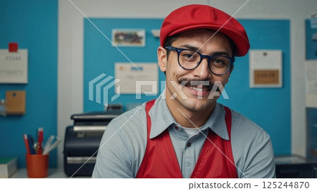 A smiling young man wearing a red cap and glasses, dressed in a casual red vest. The cheerful expression and vibrant colors of the background make for a fun, lighthearted portrait in a modern setting 125244870