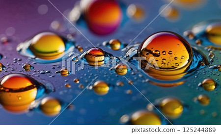 A macro shot of vibrant water droplets on a reflective surface, creating a mesmerizing display of colorful light reflections in the water, showcasing stunning details and texture 125244889