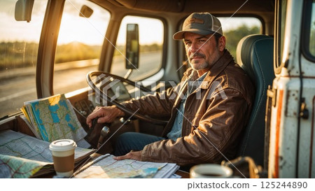 A seasoned truck driver sits in his truck cabin, navigating through a scenic route with maps on his dashboard and a coffee cup in hand, ready for his next journey at sunset 125244890